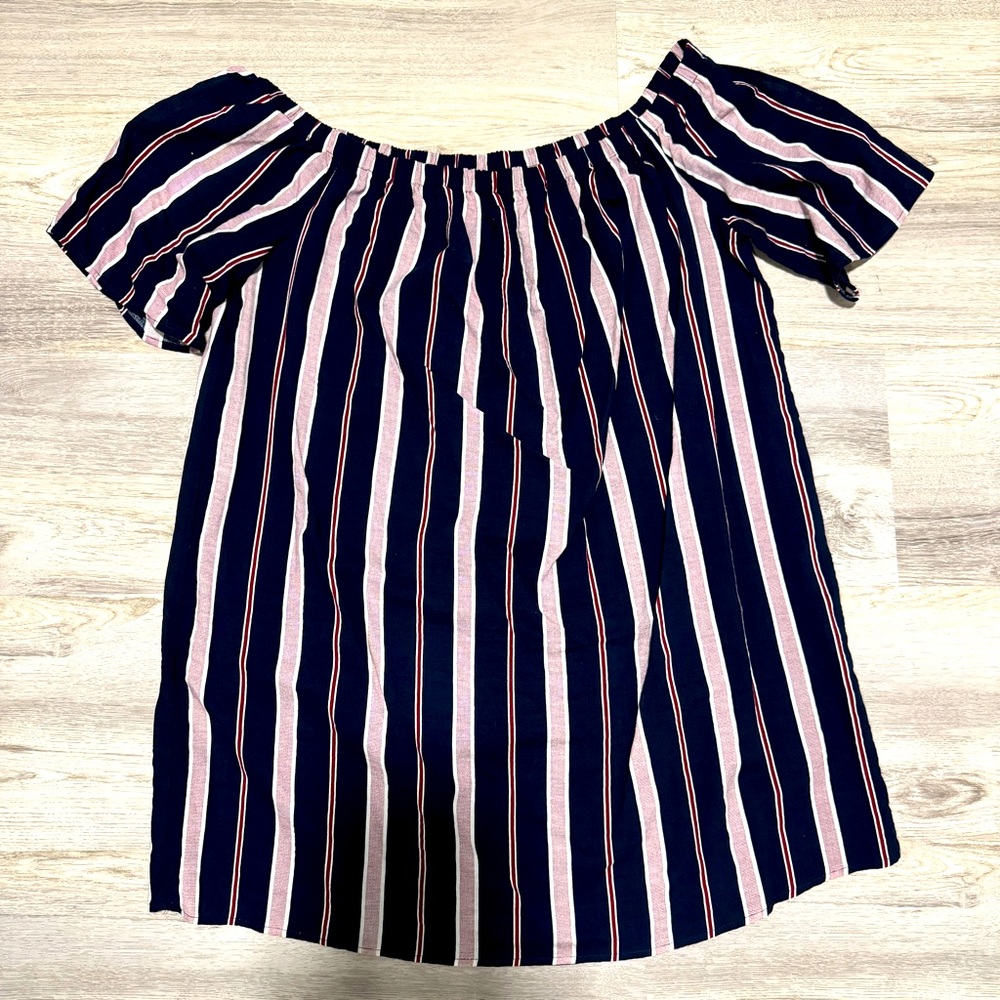 F21 CONTEMPORARY OFF-THE-SHOULDER STRIPED DRESS